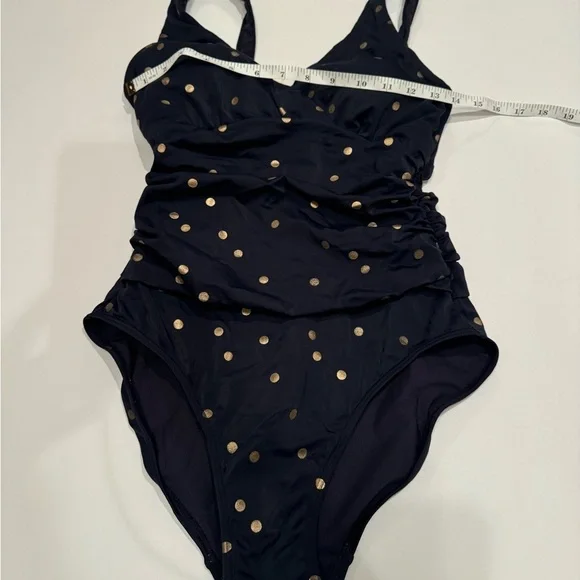 Boden Amalfi Navy Blue Gold Polka Dots One Piece Bandeau Swimsuit Mod Sz 4R - Picture 2 of 7